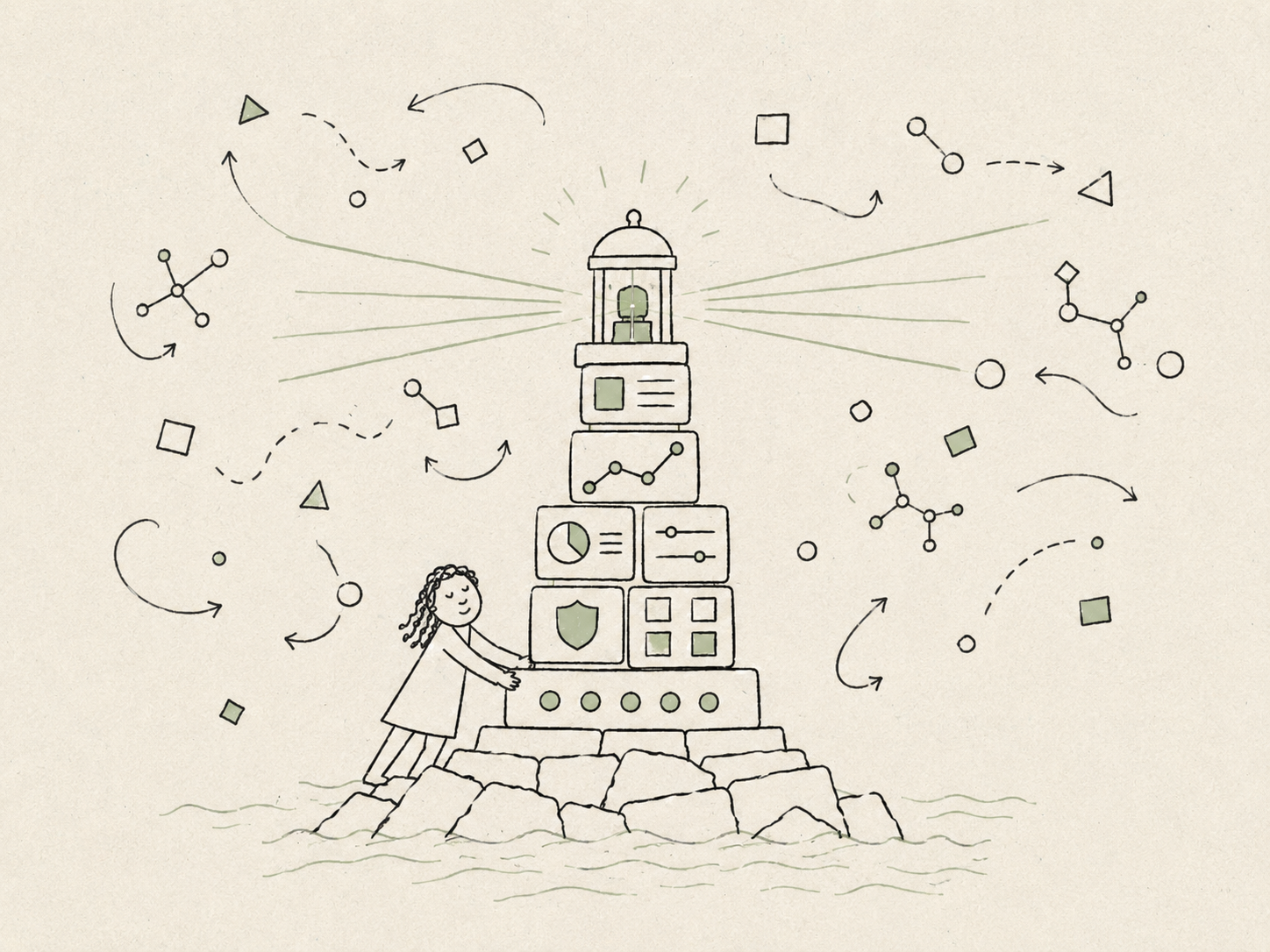 A lighthouse built from stacked dashboard blocks on a rocky island, sending clear beams out through a field of scattered, disconnected shapes.