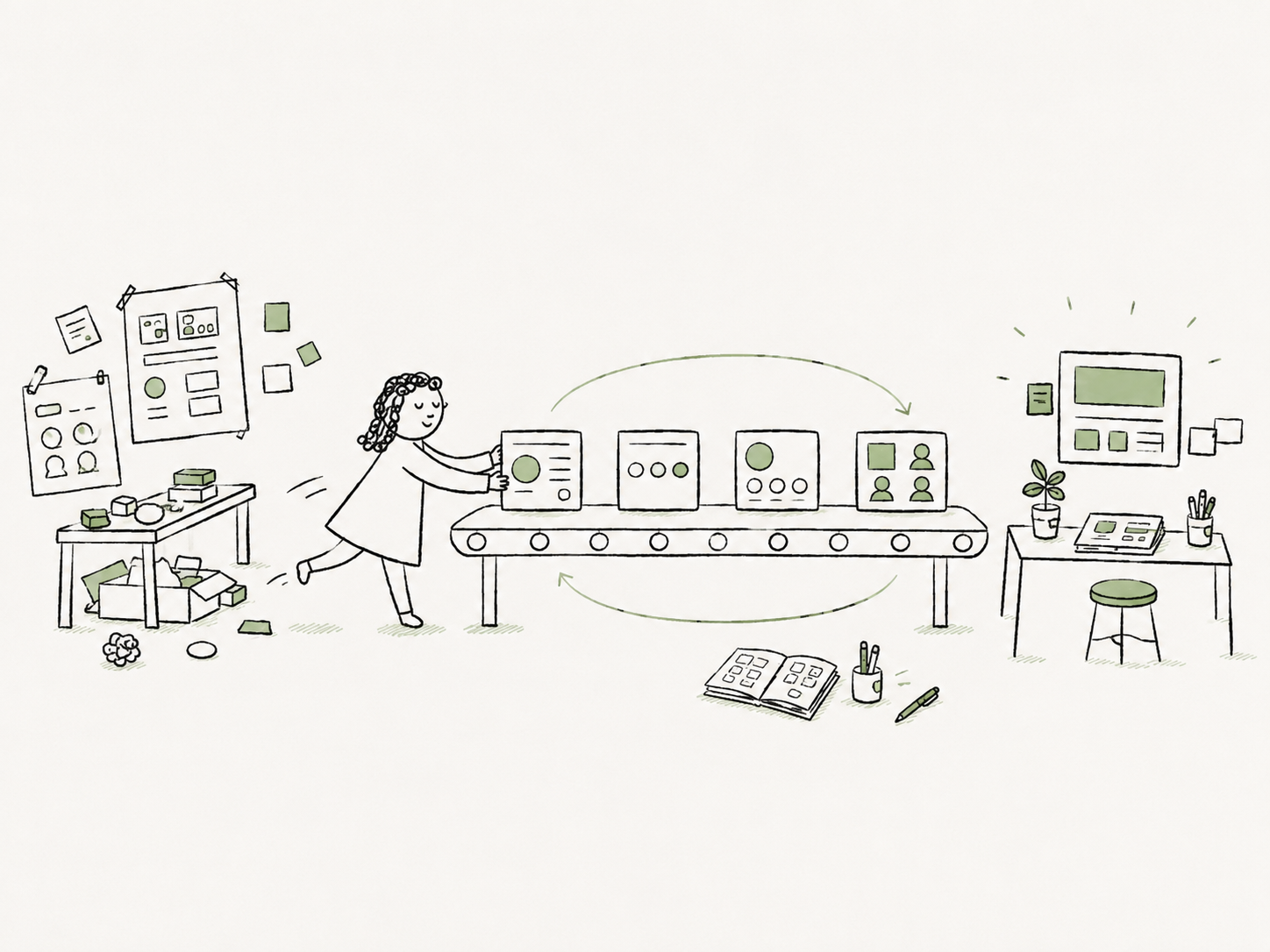 A person feeds UI cards onto a conveyor belt that loops in a cycle, turning a messy desk of scraps into a polished, finished layout.